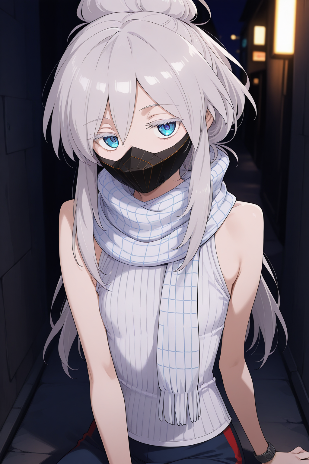 1girl,
DeuxMurasameGundamGQ, DMNormalOutfit,
general, solo, perspective, close-up,
grey hair, blue eyes, colored eyelashes, collarbone,
jitome,
mouth mask,
white scarf, plaid, sleeveless shirt, white shirt,
looking at viewer, sitting,
night, alley, neon, rim lighting,
depth of field,
<lora:kp_DeuxMurasameGundamGQIllustrious_v1_0:1.0>,
masterpiece, best quality, amazing quality
