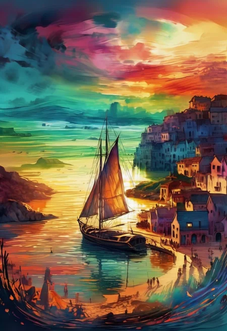 Beautiful sailboat on sparkling waters at a tropical beach, Sunset, girls swimming, Digital watercolor Illustration of a SummerScape sunset, by Waterhouse, Carne Griffiths, Minjae Lee, Ana Paula Hoppe, Stylized watercolor art, Intricate, Complex contrast, HDR, Sharp, soft Cinematic Volumetric lighting, flowery pastel colors, wide long shot, perfect masterpiecedetailed matte painting, deep color, fantastical, intricate detail, splash screen, complementary colors, fantasy concept art, 8k resolution trending on Artstation Unreal Engine 5, SoraSleepAI, Circle