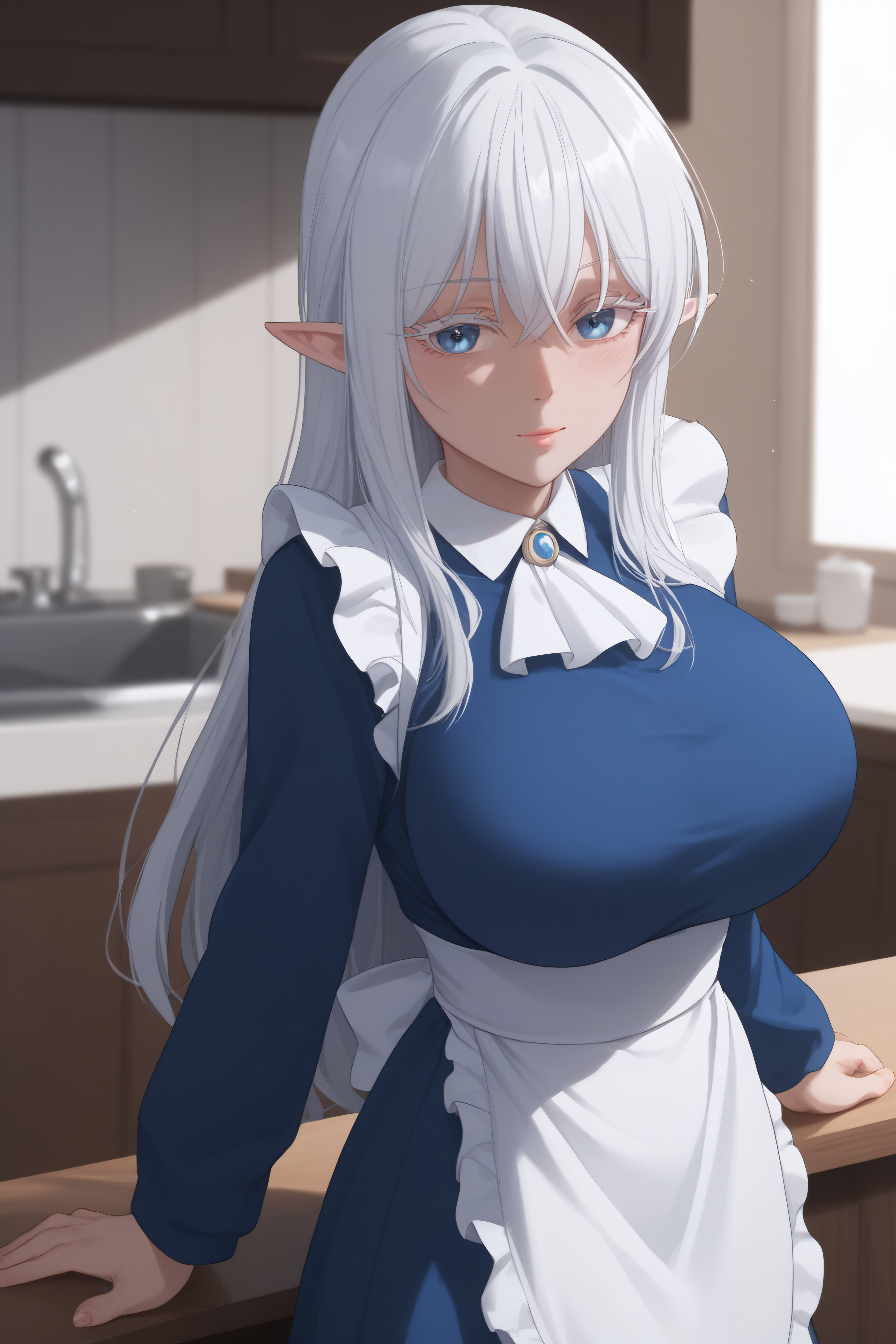 score_9, score_8_up, score_7_up, BREAK source_anime, <lora:Schnee Raizar-PonyXL-lora-Faxtron:1> schnee raizar, blue eyes, white eyelashes, white hair, long hair, large breasts, pointy ears, long blue dress, white apron, long sleeves,