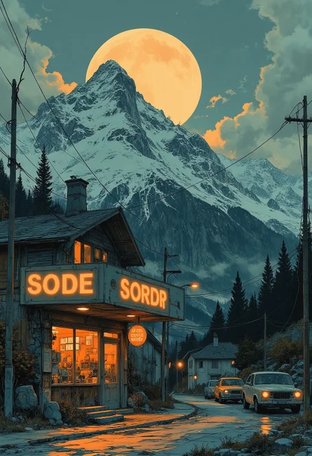 The image shows a small shop bathed in the warm light of a sign with the inscription .The store is located against the background of a majestic mountain covered in snow, with clouds illuminated by the setting sun in the background. There are several cars in front of the store, the wet asphalt reflects the light of the sign and the evening sky. The atmosphere of the image conveys a sense of calm and comfort in a small village or suburb