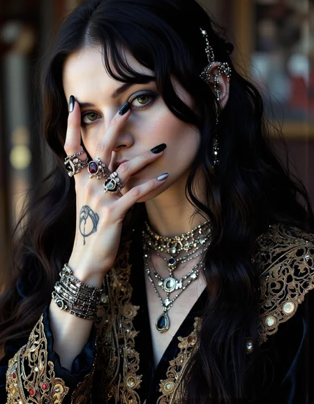 Realistic scenery, Ultra-realistic high-quality photography of an amazing transcendental's dream. The photo depicts a powerful gothic sorceress, her face partially hidden by her elegantly adorned hand. She has pale, slender fingers, on which several silver magical rings, set with dark gemstones like onyx and amethyst, glimmer. Her hand is decorated with mysterious tattoos that seem to pulse with a dark energy.She wears a gothic ensemble, a black velvet dress richly embroidered with occult patterns. Her long black hair frames her pale face, and her eyes, accentuated with dark makeup, shine with an intense light. Large silver necklaces, with pendants shaped like crosses and ancient symbols, rest on her chest. Extremes of light, bright highlights, realist side lighting, deep shadows. By Yoji Shinkawa, emotive human photography, intricate details, insanely detailed, natural lighting, masterpiece, award winning photography, natural beauty, (Detailed skin, skin texture), (intricately detailed eyes), HDR, professional photo, sharp focus bokeh.