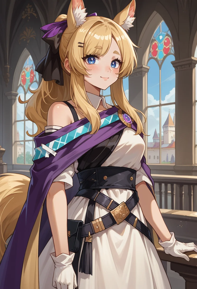 score_9, score_8_up, source_anime, 1girl, solo, WhislashGloPu, blue eyes, blonde hair, animal ears, tail, thick eyebrows, long hair, ponytail, hairclip, hair bow, detached collar, white dress, single bare shoulder, purple shoulder sash, white gloves, black belt, black thighhighs, indoors, palace, smile, blush, <lora:ChamWhislashPonyXL:1>