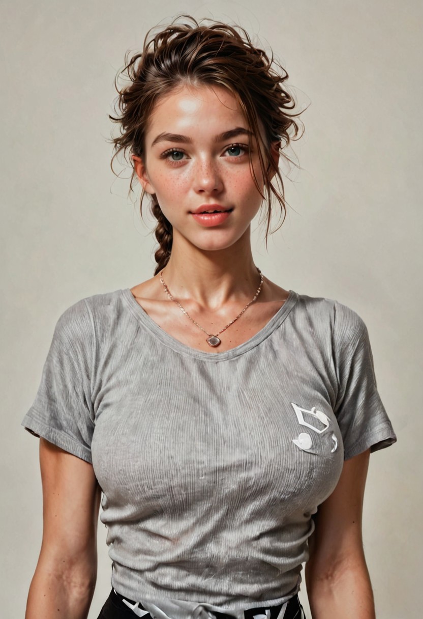 score_9, score_8_up, score_7_up, score_6_up, score_5_up, (realistic:1.4), 1girl, necklace, (detailed face and eyes:1.2), braided updo, short hair, looking at viewer, realistic, photograph, front view, leaning back, looking at viewer, black background, large breasts, chest, cute, kawaii, athletic, cowboy shot, natural skin tone, studio lighting, soft focus, high quality, high resolution, perfect teeth,