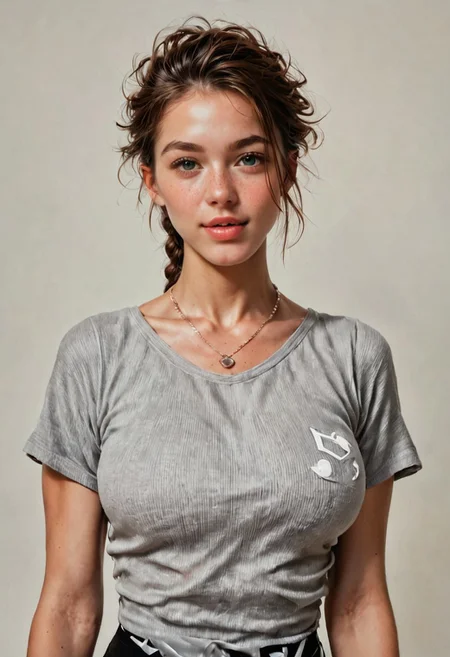 score_9, score_8_up, score_7_up, score_6_up, score_5_up, (realistic:1.4), 1girl, necklace, (detailed face and eyes:1.2), braided updo, short hair, looking at viewer, realistic, photograph, front view, leaning back, looking at viewer, black background, large breasts, chest, cute, kawaii, athletic, cowboy shot, natural skin tone, studio lighting, soft focus, high quality, high resolution, perfect teeth,