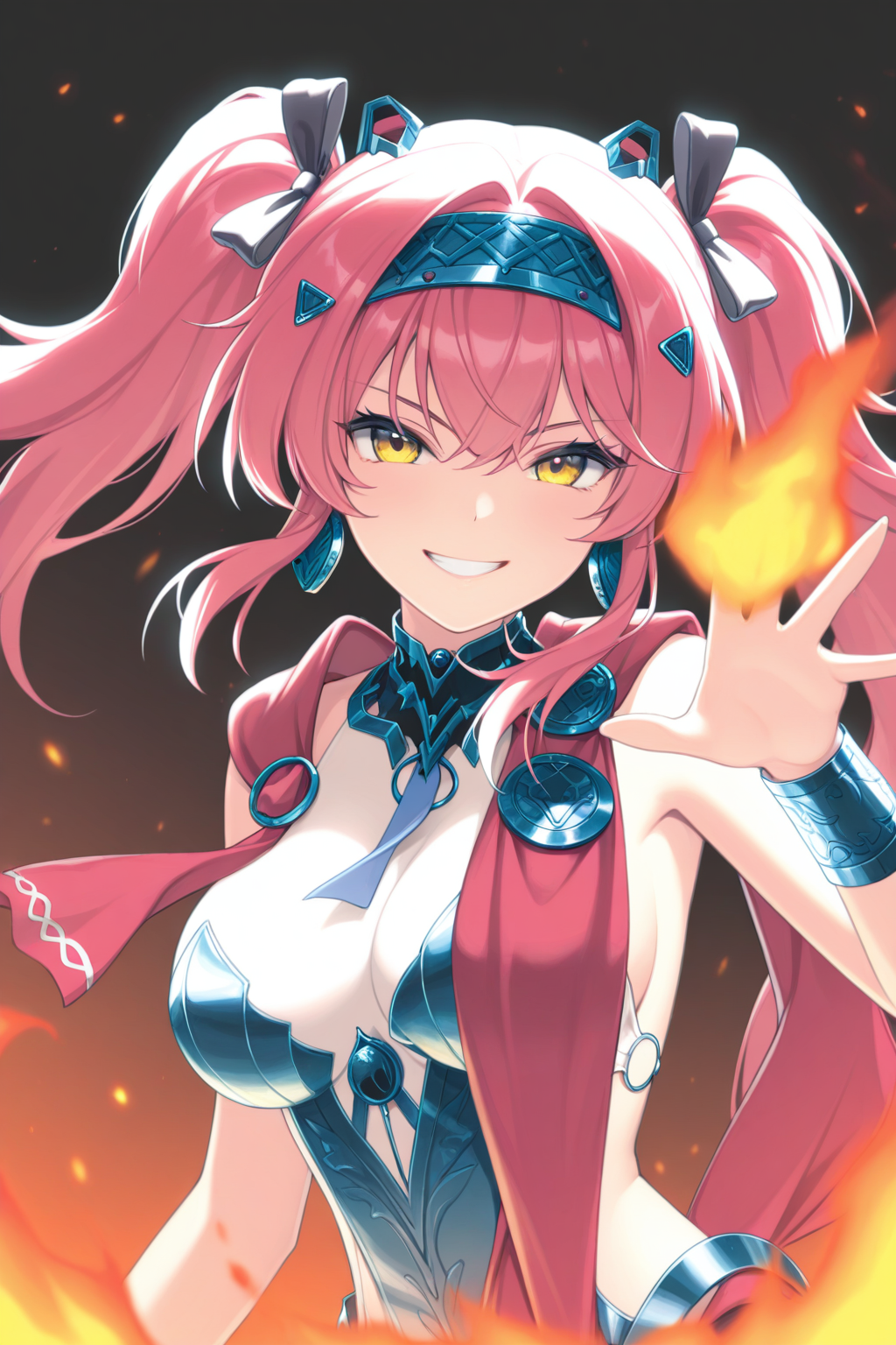 masterpiece, best quality, <lora:Lupa:1>, LupaDS, 1girl, bow, breasts, fire, grin, hair bow, hair ornament, hairband, hand up, large breasts, long hair, looking at viewer, metal hairband, multiple hair bows, open hand, sideless outfit, smile, solo, twintails, upper body, yellow eyes