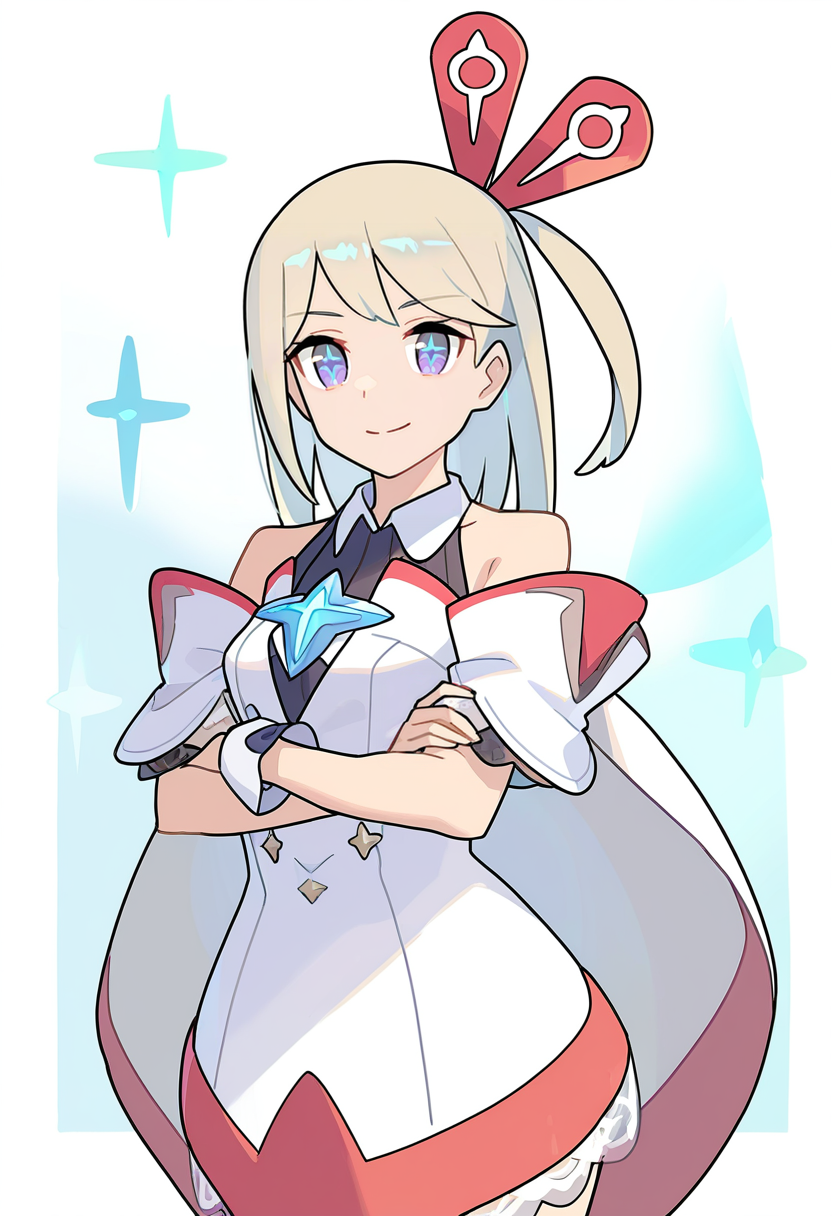 1girl,stella \(world flipper\),blue eyes,small breasts,white dress,sidelocks,hair ornament,one side up,blonde hair,long hair,swept bangs,hairclip,
bare shoulders,wrist cuffs,short sleeves,sleeveless dress,detached sleeves,sleeveless shirt,collared dress,white sleeves,buttons,collared shirt,frills,black shirt,jewelry,white cape,lace-trimmed dress,blue gemstone,short dress,brooch,
crossed arms,smile,
newest,absurdres,highres,masterpiece,best quality,year 2024,
<lora:stella_NoobVpred10:1>,