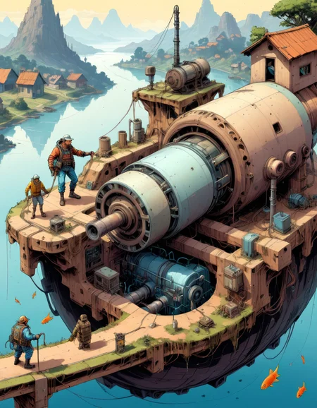 a realistic photo of huge electric motor repairer stumbling across Fish, villages across studly landscape of holes and linked features in meshes, matte, <lora:IPXL_v2:1> inkpunk, <lora:Isometric Cutaway:1.2> Isometric Cutaway page,  <lora:Astigmatism_0.5b:0.33>