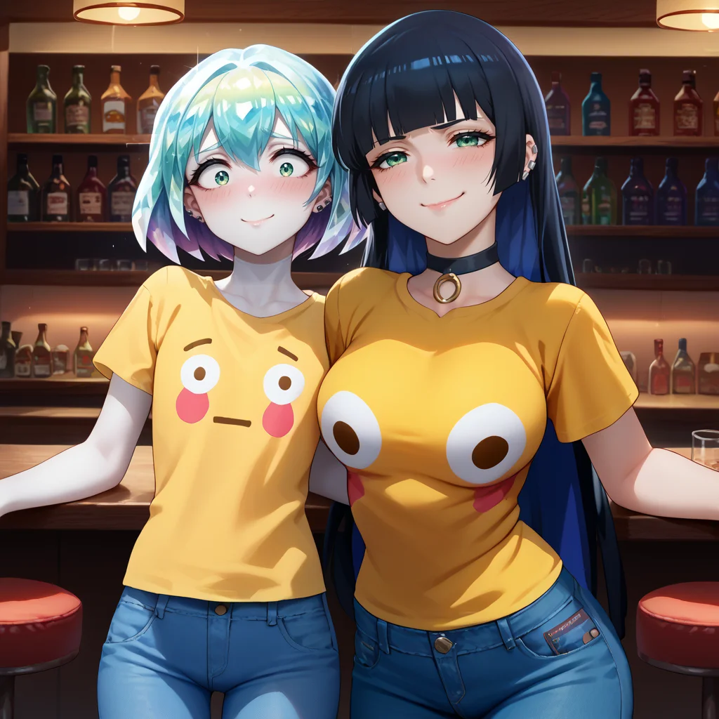 score_9, score_8_up, score_7_up, yellow shirt, blush, t-shirt, large breasts, 2girls, <lora:FlushedEmojiShirt_pdxl_Incrs_v1:0.5>, cowboy shot, night, bar, jeans,
BREAK <lora:Hoseki_HousekiNoKuni_Diamond_PDXL_v1:1> hskdmnd, white skin, crystal hair, colored eyelashes, multicolored hair, short hair, blush, embarrassed, flat chest,
BREAK <lora:Hoseki_BocchiTheRock_Pasan_PDXL_v2:1> pasan, colored inner hair, large breasts, ear piercing, chin piercing, hime cut, choker, seductive smile, smirk,
