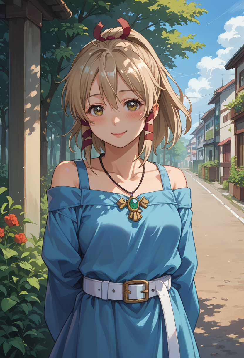score_9, score_8_up, source_anime, 1girl, solo, Ukanomitama, long hair, high ponytail, hair ribbon, tress ribbon, necklace, blue dress, off-shoulder, white belt, smile, arms behind back, blush, outdoors, <lora:ChamUkaPonyXL:1>