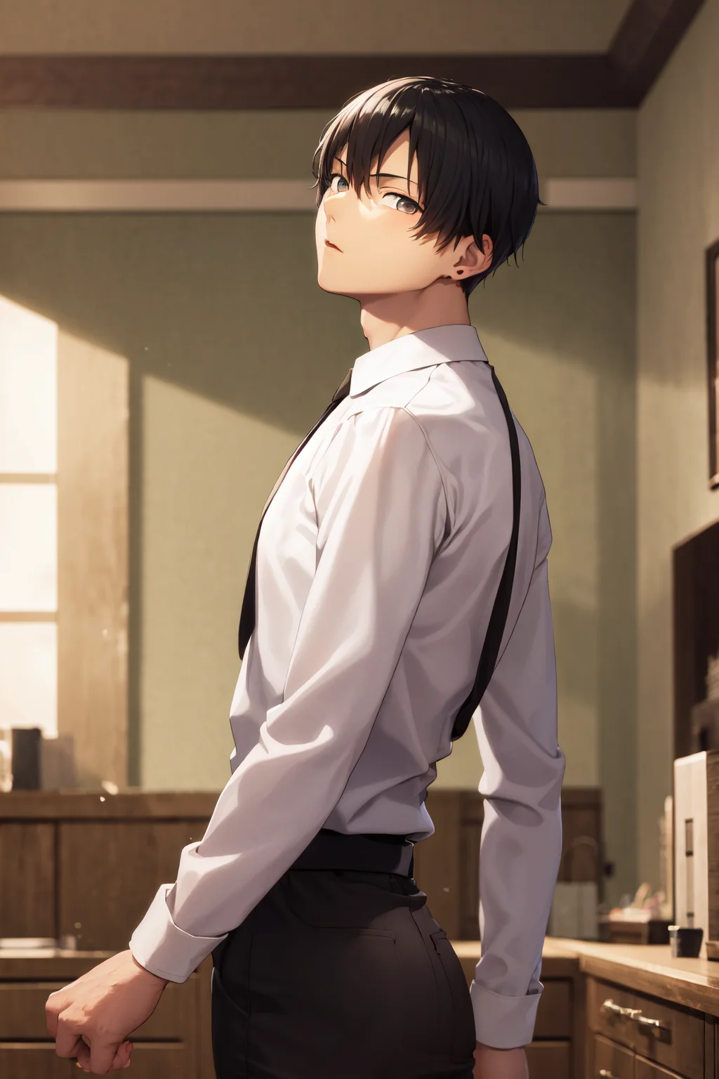 masterpiece, best quality, highres, 1boy, expressionless, standing, from behind, looking at viewer, shaft head tilt <lora:shaft_head_tilt2:1.2> <lora:HayakawaAkiChainsawMan_HayakawaAkiChainsawMan:0.9>