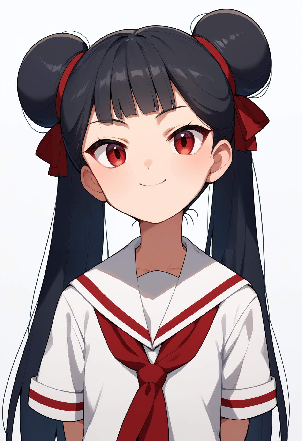 score_9, score_8_up, score_7_up, score_6_up, score_5_up, score_4_up, BREAK, source_anime,
1girl, meilingli, black hair, blunt bangs, double bun, long hair, red eyes, twintails,
white shirt, short sleeves, red neckerchief, sailor collar, school uniform, black skirt,
hands behind back, smile, upper body, looking at viewer, solo, simple background, white background    <lora:MeilingLiXL:1>