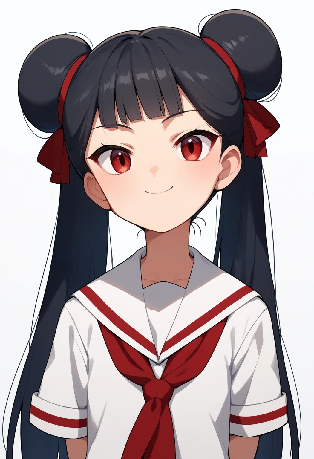 score_9, score_8_up, score_7_up, score_6_up, score_5_up, score_4_up, BREAK, source_anime,
1girl, meilingli, black hair, blunt bangs, double bun, long hair, red eyes, twintails,
white shirt, short sleeves, red neckerchief, sailor collar, school uniform, black skirt,
hands behind back, smile, upper body, looking at viewer, solo, simple background, white background <lora:MeilingLiXL:1>