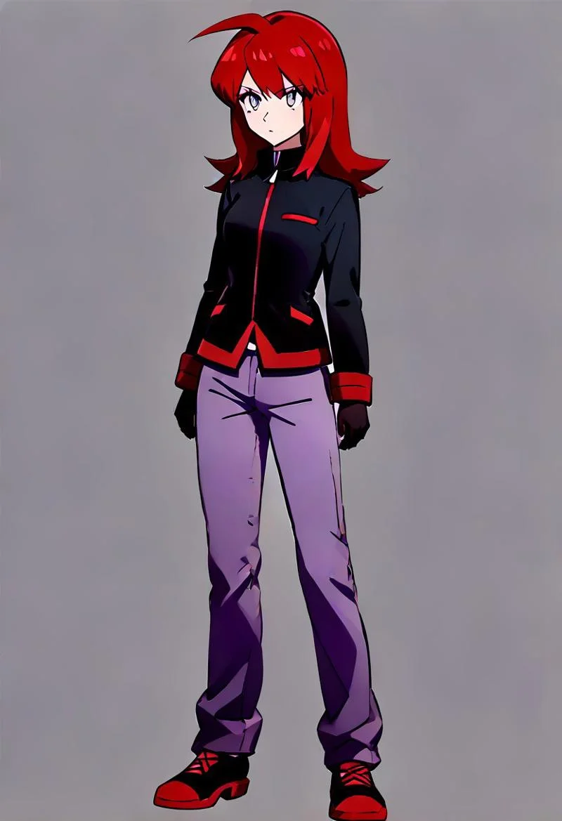 {genderswap \(mtf\), mtf, full body, simple background, standing, pokesilv, black hair, ((adult:3.0)),1woman, adult woman:2.0, solo, full body render, bright red hair, jacket, pants, grey eyes, purple pants, gloves, bangs, ahoge, long sleeves, shoes, black footwear, long hair, black jacket, black gloves, }
simple background, gray background,
4kFacePonyXL