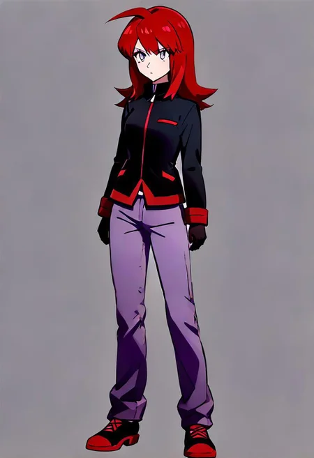 {genderswap \(mtf\), mtf, full body, simple background, standing, pokesilv, black hair, ((adult:3.0)),1woman, adult woman:2.0, solo, full body render, bright red hair, jacket, pants, grey eyes, purple pants, gloves, bangs, ahoge, long sleeves, shoes, black footwear, long hair, black jacket, black gloves, }
simple background, gray background,
4kFacePonyXL