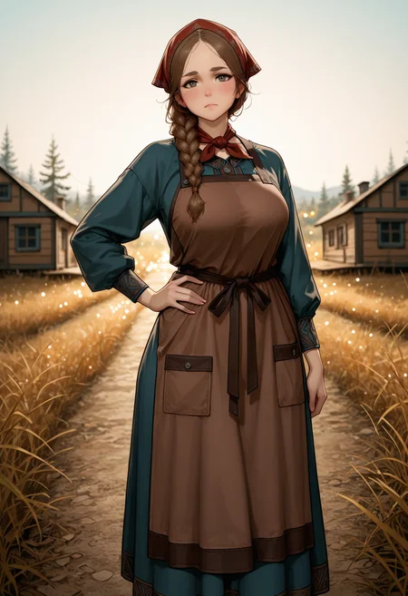 cartoon modern cinematic film still   best quality, masterpiece,
<lora:babkab:1> babkab, 1girl, solo, brown hair, braid, long hair, hair over shoulder, apron, hand on hip, brown apron, dress, large breasts, slippers,  large breasts, single braid, blush, standing, long sleeves, looking at viewer, hat, mature female, head scarf, thick eyebrows,  frown, closed mouth, brown dress,  <lora:748cmSDXL:0.7> 748cmstyle, nature,russian village, parody style,  . shallow depth of field, vignette, highly detailed, high budget Hollywood movie, bokeh, cinemascope, moody, epic, gorgeous, film grain, grainy . mid-century modern aesthetic, stylized, geometric shapes, flat colors, highly detailed