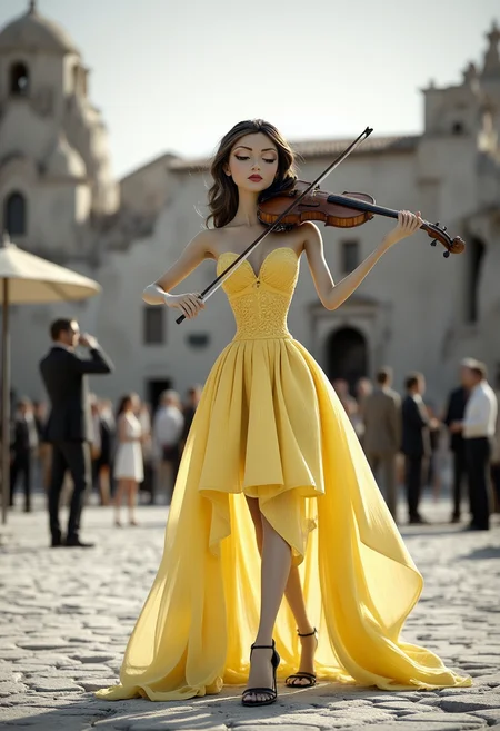 3dc4r1c4t9r3a, A beautiful female electric violinist, wearing yellow semitransparent dress, alone in a big desert Italian place. Everything else in the image is black and white, including the background and architectural elements.Spotlight on the violinist, Engrossed crowd, High contrast, Intricate violin details, Dynamic performance pose. diclrpp