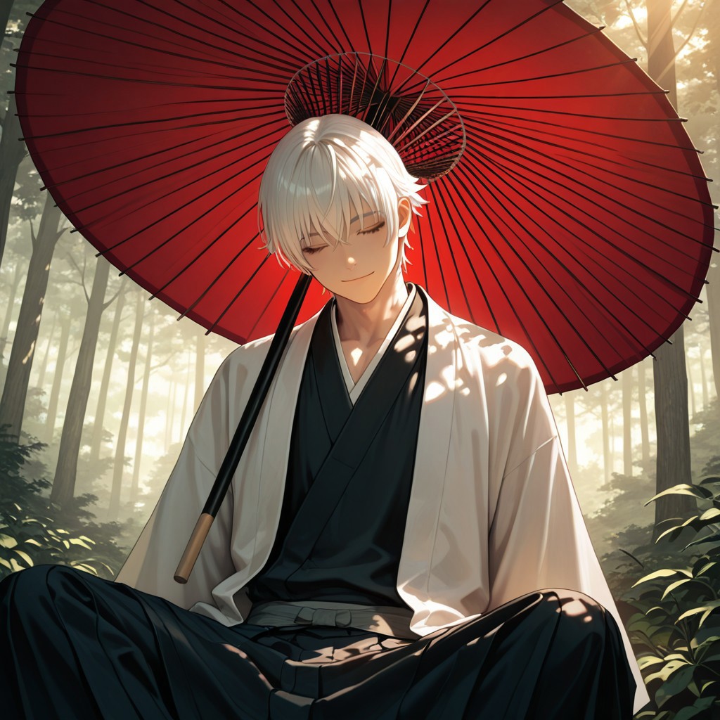 masterpiece, best quality, amazing quality, absurdres, newest, detailed background, definition so sharp, Ultra-HD, 8K cinematic, very awa, impressionate, amazing quality, highres, 
solo, male focus, manly, 
yashiroisana, 1boy, short hair, bangs, shiro_white hair, shiro_brown eyes, oil-paper umbrella, sitting, leaning against a tree, light smile, closed eyes, calm, forest, dappled light, sunbeams, aesthetic, serene, joyful, peaceful