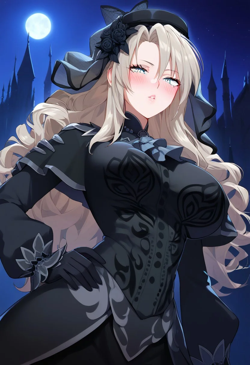 (score_9, score_8_up, score_7_up, high quality, best quality, ultra-detailed, very aesthetic, illustration, perfect composition, intricate details, absurdres, high res image, masterpiece, vibrant colors, beautiful face, detailed face, 1girl, solo focus, perfect eyes, detailed eyes, perfect hands), female, grey eyes, grey hair, long hair, curly hair, mole under eye, makeup, pale skin, full lips, large thighs, perfect body, fit body, voluptuous, large breasts, curvy body, narrow-waisted, wide hips, (ascot, black capelet, black dress, black flower, black gloves, black headwear, black rose, capelet, dress, flower, gloves, hat, long sleeves, rose, veil), (blush, bedroom eyes, hand on hips), (fantasy, outdoors, castle, night, night sky, moon)