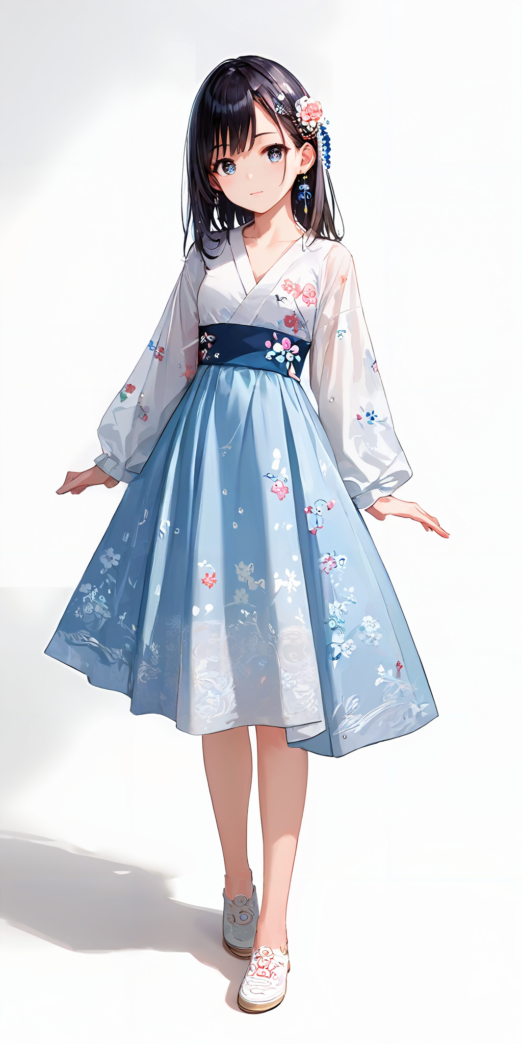 score_9, score_8_up, score_7_up,source_anime, high res image,masterpiece,best quality,girl,cute face,clear skin,shiny hair,ultra detailed eyes,simple background,
 <lora:hanfu_Pony_V1.0:0.8> jyojifuku, hair ornament, floral print,shoes