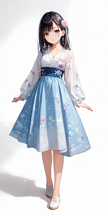 score_9, score_8_up, score_7_up,source_anime, high res image,masterpiece,best quality,girl,cute face,clear skin,shiny hair,ultra detailed eyes,simple background,
<lora:hanfu_Pony_V1.0:0.8> jyojifuku, hair ornament, floral print,shoes