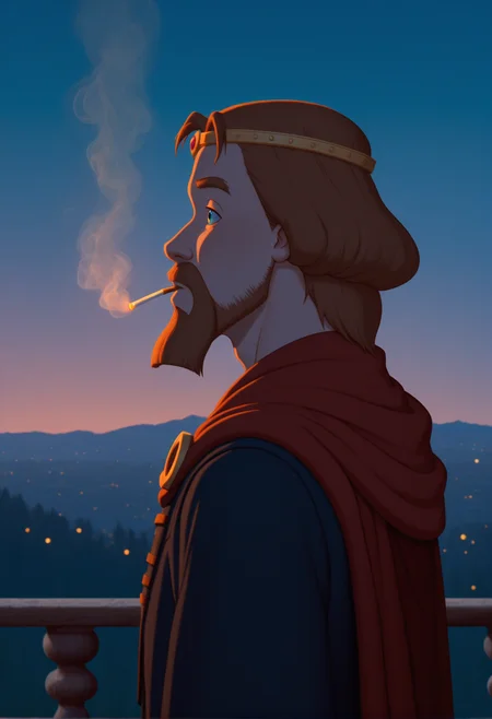 cinematic photo anime artwork cinematic film still concept art masterpiece, best quality,high quality, newest, highres,absurdres,
<lora:zayz:1>knyaza, 1boy, male focus, solo, facial hair, mustache, brown hair, cape, beard, blue eyes, circlet, crown, close up,
smoking, solo, facial hair, cigarette, coat, railing, black coat, gloves, from side, short hair, smoke, beard, brown hair, night, stubble, upper body, outdoors, light, profile, <lora:iro_mugen_style_b:1> iro_mugen_illu . digital artwork, illustrative, painterly, matte painting, highly detailed . shallow depth of field, vignette, highly detailed, high budget Hollywood movie, bokeh, cinemascope, moody, epic, gorgeous, film grain, grainy . anime style, vibrant, studio anime, highly detailed . 35mm photograph, film, bokeh, professional, 4k, highly detailed