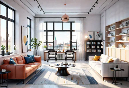 ((front view)), Shallow scene, ((animation style)), modern-style interior, with white walls, (large windows), Nordic-style furniture, a  study, Sofa, coffee table, bookcase, single wall, 
warm light morning sun, (the view of the city)