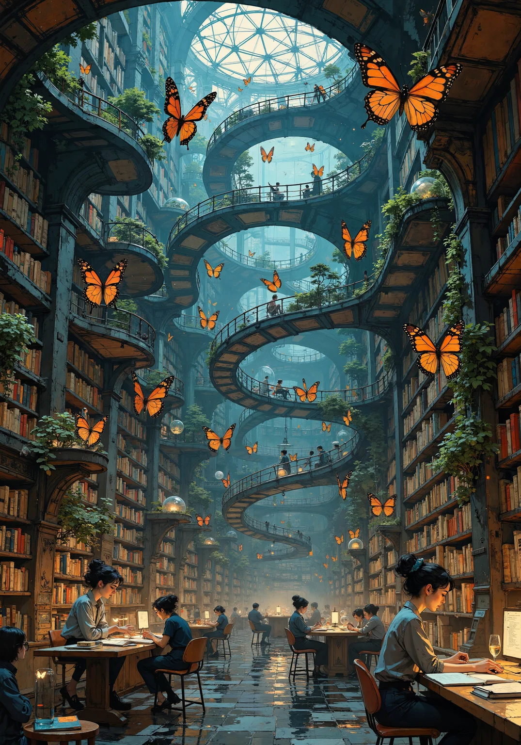 A hyperdimensional library where books morph into luminous butterflies, their wings inscribed with ancient mathematical equations. Shelves twist into Möbius strips, defying gravity and perspective. Floating globes of water contain miniature ecosystems, each housing a different era of Earth's history. Quantum librarians with translucent bodies and multiple arms simultaneously organize and disorganize knowledge across timelines. Holographic card catalogs project fractals of information, constantly shifting and rearranging. The ceiling is a living neural network, pulsing with synaptic flashes of inspiration. Readers levitate in meditation pods, their thoughts visibly connecting to the library's consciousness. Time flows backwards in some corners, forwards in others, creating paradoxical reading nooks. Bioluminescent fungi grow on quantum computers, processing data through mycelial networks. 8k resolution, hyper-detailed, surrealist masterpiece, mind-bending perspective. <lora:Anime realistic V1:0.1> <lora:ck-charcoal-drawing-000014:0.8> <lora:Illustration concept V1:0.3> <lora:Niji B:0.3> <lora:RM_Enhancer_v1.0_bf16:0.2> <lora:flux_dev:1>