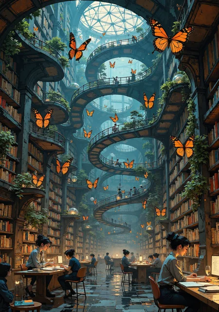 A hyperdimensional library where books morph into luminous butterflies, their wings inscribed with ancient mathematical equations. Shelves twist into Möbius strips, defying gravity and perspective. Floating globes of water contain miniature ecosystems, each housing a different era of Earth's history. Quantum librarians with translucent bodies and multiple arms simultaneously organize and disorganize knowledge across timelines. Holographic card catalogs project fractals of information, constantly shifting and rearranging. The ceiling is a living neural network, pulsing with synaptic flashes of inspiration. Readers levitate in meditation pods, their thoughts visibly connecting to the library's consciousness. Time flows backwards in some corners, forwards in others, creating paradoxical reading nooks. Bioluminescent fungi grow on quantum computers, processing data through mycelial networks. 8k resolution, hyper-detailed, surrealist masterpiece, mind-bending perspective. <lora:Anime realistic V1:0.1> <lora:ck-charcoal-drawing-000014:0.8> <lora:Illustration concept V1:0.3> <lora:Niji B:0.3> <lora:RM_Enhancer_v1.0_bf16:0.2> <lora:flux_dev:1>