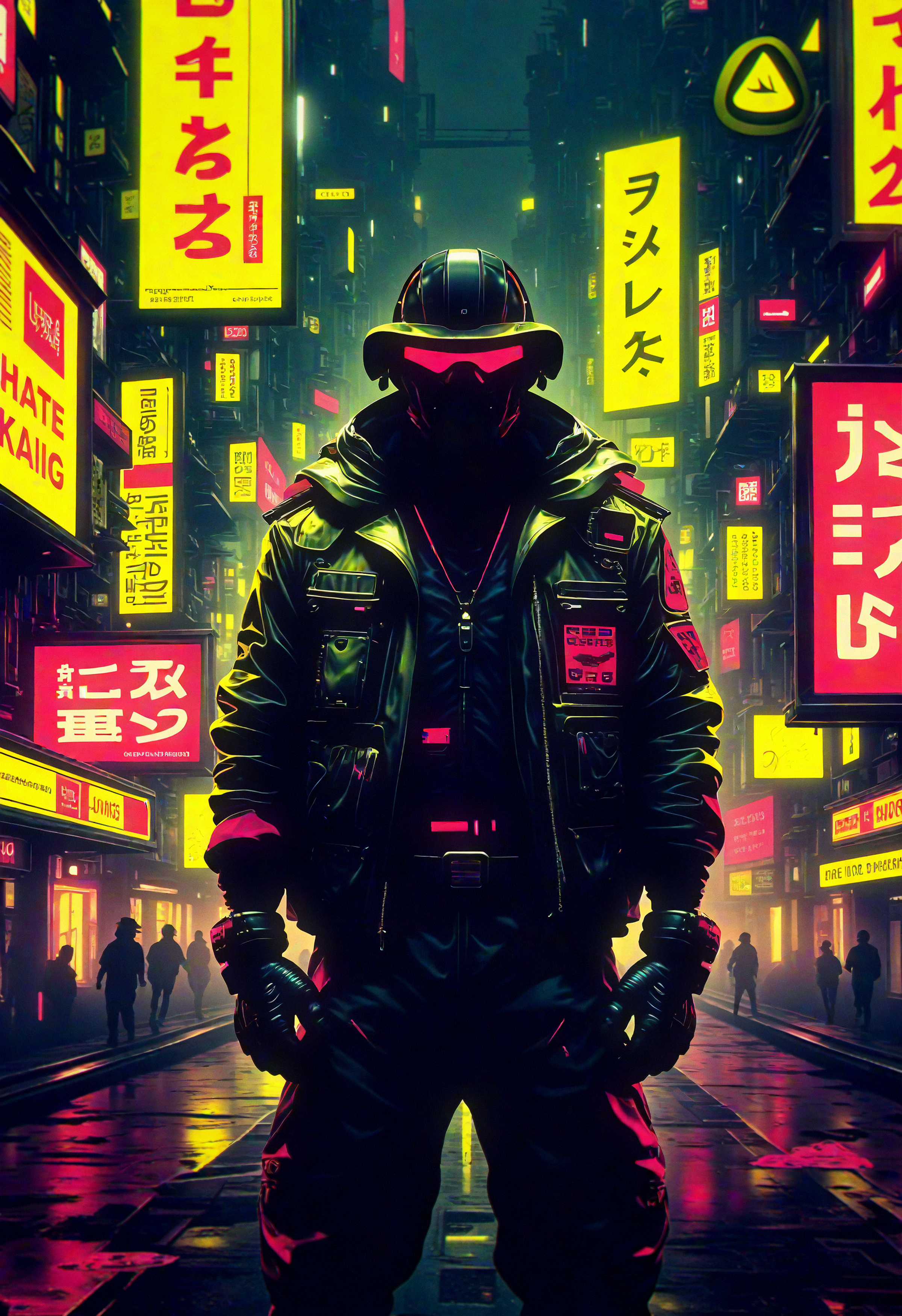 bo-cpposter,  Futuristic cyberpunk scene featuring a heavily armored figure standing confidently in the forefront, adorned in a sleek, high-tech jacket with intricate details. The setting is a bustling cityscape at night, illuminated by vibrant neon lights and towering digital billboards in various languages, predominantly in bright yellow and red hues. The atmosphere exudes an impressionistic style, capturing a blend of chaos and beauty. Background elements include abstract shapes and glowing symbols, creating a dynamic contrast against the figure, who has a menacing yet enigmatic presence. The overall aesthetic is hyperrealistic with a gritty texture, emphasizing the fusion of technology and urban life. , <lora:Flux\boFLUX Cyberpunk Poster.safetensors:1.4000000000000001:1.4000000000000001>