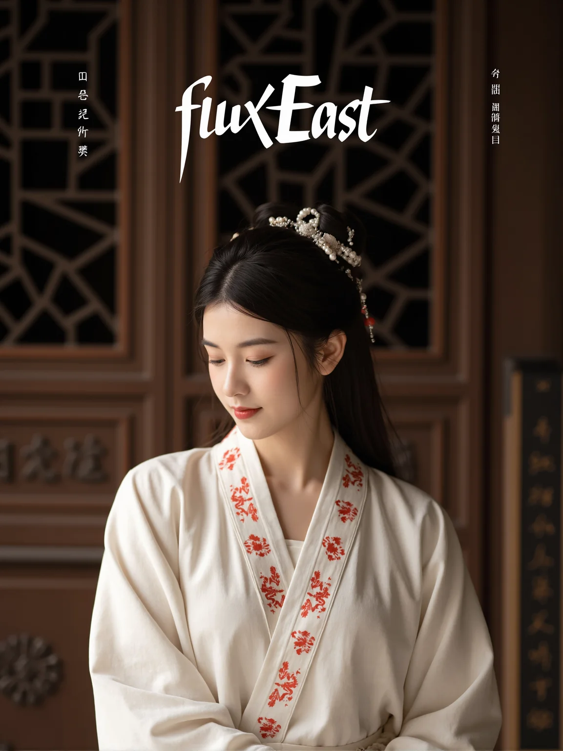 This is a semi-body portrait of a Hanfu figure with high clarity, featuring a classical style. The figure in the picture is a young woman wearing a white Hanfu with red floral patterns on the collar and cuffs. Her hair is styled into a bun, adorned with several hairpins. She looks downward with a slight smile on her face. The background is the interior of an ancient building, with a wooden door that has some carvings and inscriptions.
There is a prominent artistic font above the picture, which reads' fluxEast 'in English