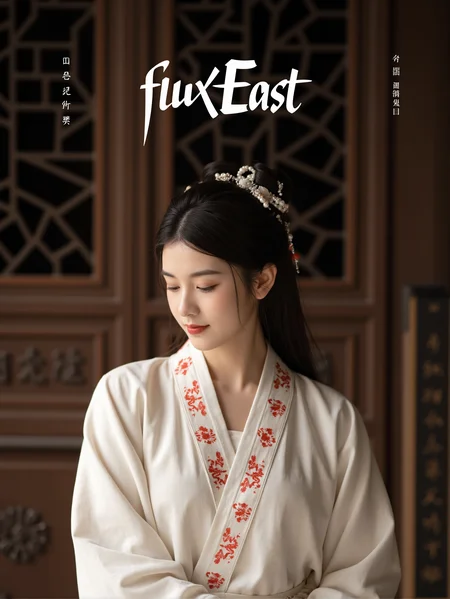 This is a semi-body portrait of a Hanfu figure with high clarity, featuring a classical style. The figure in the picture is a young woman wearing a white Hanfu with red floral patterns on the collar and cuffs. Her hair is styled into a bun, adorned with several hairpins. She looks downward with a slight smile on her face. The background is the interior of an ancient building, with a wooden door that has some carvings and inscriptions.
There is a prominent artistic font above the picture, which reads' fluxEast 'in English