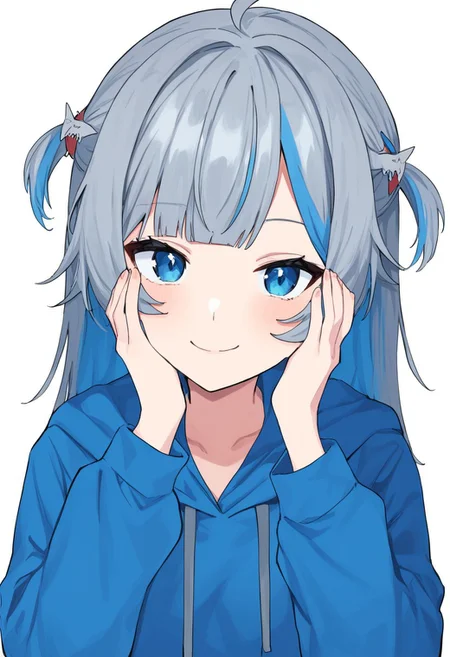 some1else45, gawr gura, gawr gura (1st costume), 1girl, smug, smile, laugh, closed mouth, cute, kawaii, animal costume, blue eyes, blue hair, blue hoodie, blunt bangs, grey hair, hair ornament, hands on own face, hood, hoodie, looking at viewer, multicolored hair, shark costume, shark hair ornament, smile, solo, streaked hair, two-tone hair, two side up, virtual youtuber, white background