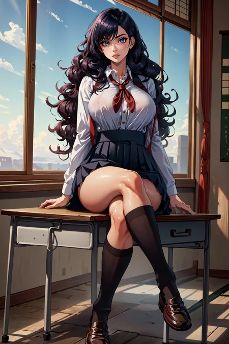 (masterpiece, best quality, ultra detailed, absurdres)1.5, 1girl, (sexy, beautiful woman, perfect face, perfect eyes, perfect female body, huge breasts)1.5, (japanese school uniform, skirt, [knee socks|thigh socks], loafers, long hair, big hair,  <lora:big_hair-1.0:1>), (sitting on a desk, crossed legs, inside a classroom), perfect lighting, smooth, hdr