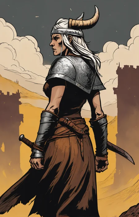 dgst artstyle, graphic illustration, comic art, graphic novel art, vibrant, dark and moody from the back of a stunning Uruguayan woman with a hungry expression, norse, battlescars, looking down, (high fantasy medieval theme:1.1), nordic raider, wrathful expression, fighting stance, viking age, simple brown padded leather battle-tunic, wolf symbol, feast hall, drinking horns, mead, banners, cinematic scene composition, viking dark fantasy atmosphere, <lora:SDXL1.0_Essenz-series-by-AI_Characters_Style_DarkestDungeon-v1.0:0.7>, crimson sky yellow sun white clouds, high quality, 4k, highly detailed