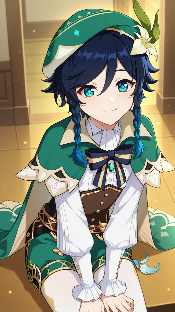 smile, solo,, masterpiece, best quality, amazing quality, very aesthetic, absurdres, newest, anime screencap, <lora:ventiILM:1>, venti (genshin impact), short hair with long locks, aqua hair, green eyes, aqua eyes, blue hair, black hair, braid, gradient hair, twin braids, side braids, hair between eyes, androgynous, beret, vest, collared cape, green hat, green cape, cecilia flower (genshin impact), green shorts, hat flower, white flower, hair flower, hair ornament, black bow, bow, bowtie, frilled sleeves, frills, long sleeves, striped bow, white pantyhose, pantyhose under shorts, white shirt,