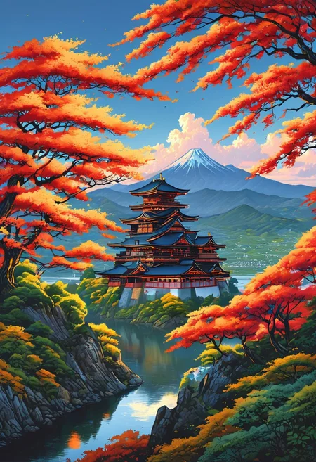 A captivating night scene illustration featuringa Japanese castle on a mountain overlooking a lake in Japan.  The castle is grand and well maintained and updated and comfortable to live in but also imposing with a great keep and walls in the Japanese style.  This enchanting artwork captures a serene and peaceful early morning, where the sun is just starting to rise over the beautiful hills and Japanese castle which  stands resolute amidst the land of Japan, creating a cinematic experience back to the times of brave Samurai warriors.
 illustration, cinematic
<lora:DonM3t3rn1tyXL-v1.1:0.7>, DonM3t3rn1tyXL,
OverallDetailXL  <lora:MJ52:0.3>  <lora:SDXLFaeTastic2400:0.4>  <lora:EpicF4nta5yXL:0.7>