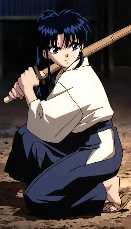 masterpiece,best quality,amazing quality,
<lora:kamiyakaoruNAI:1>,kamiyakaoru,
1girl,solo,black hair,bangs,ponytail,blue eyes,white kimono,purple hakama,sandals,full body,kneeling on one knee,from side,looking back,serious,holding shinai on shoulder,
outdoors,
indoors,
soil ground,
depth of field,light particles,