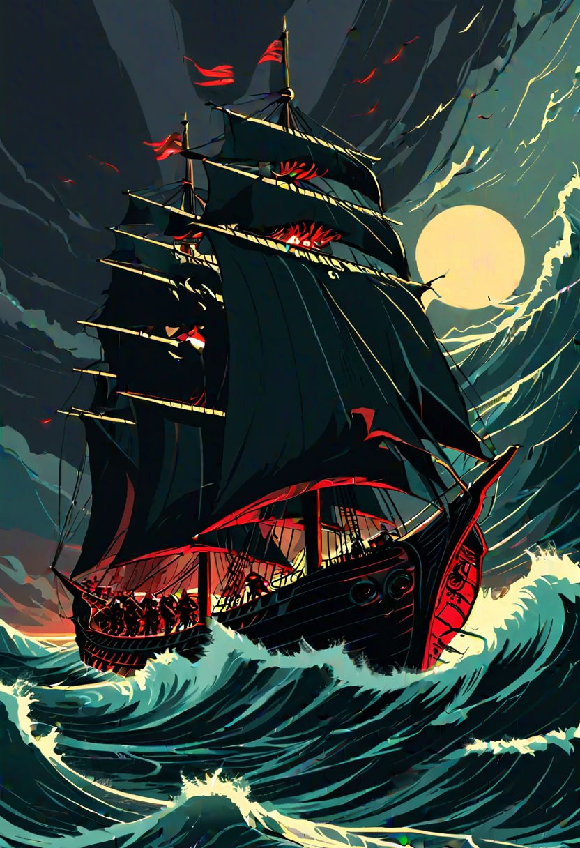 <lora:The_Pulp_Session:0.8><lora:Michelangelo_Michelangelo_Paintings_High_Renaissance-000008 (1):0.8>portrait, one line drawing,  sketch .A digital illustration of a dramatic and intense scene featuring a sail ship at sea. The ship is intricately designed with Norse engravings and is being led by a fierce Viking warrior with glowing red eyes, wearing a helmet with horns. The ship sails on tumultuous sea waves under a dark, stormy sky. The warriors on the ship are equipped with shields and ready for battle. The color palette is dominated by a deep teal color, specifically using the hexadecimal color code