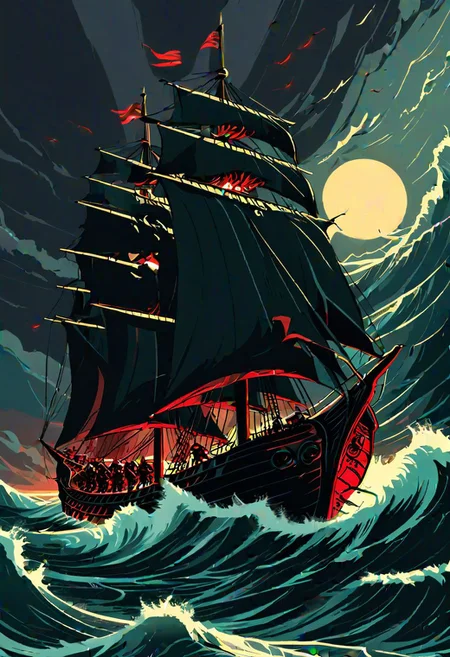 <lora:The_Pulp_Session:0.8><lora:Michelangelo_Michelangelo_Paintings_High_Renaissance-000008 (1):0.8>portrait, one line drawing,  sketch .A digital illustration of a dramatic and intense scene featuring a sail ship at sea. The ship is intricately designed with Norse engravings and is being led by a fierce Viking warrior with glowing red eyes, wearing a helmet with horns. The ship sails on tumultuous sea waves under a dark, stormy sky. The warriors on the ship are equipped with shields and ready for battle. The color palette is dominated by a deep teal color, specifically using the hexadecimal color code