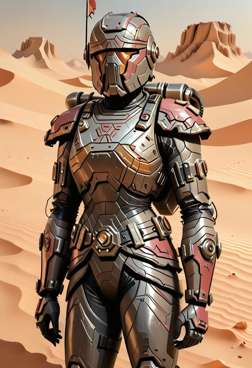 mando_armor,1girl,solo,comando armor,comando helmet,shoulder armor.leg armor,gauntlets,outside,desert,bodysuit