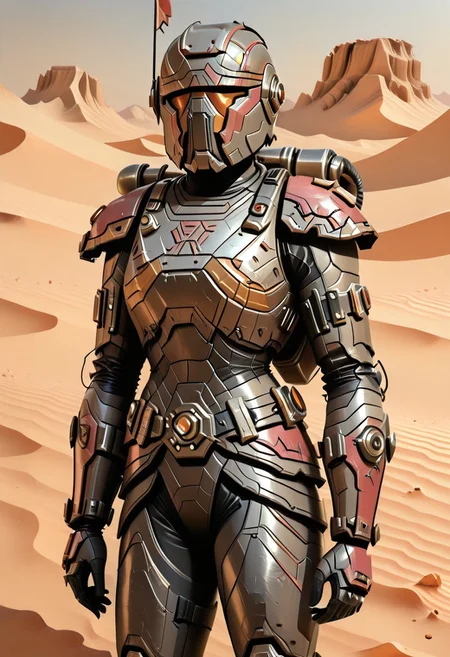 mando_armor,1girl,solo,comando armor,comando helmet,shoulder armor.leg armor,gauntlets,outside,desert,bodysuit