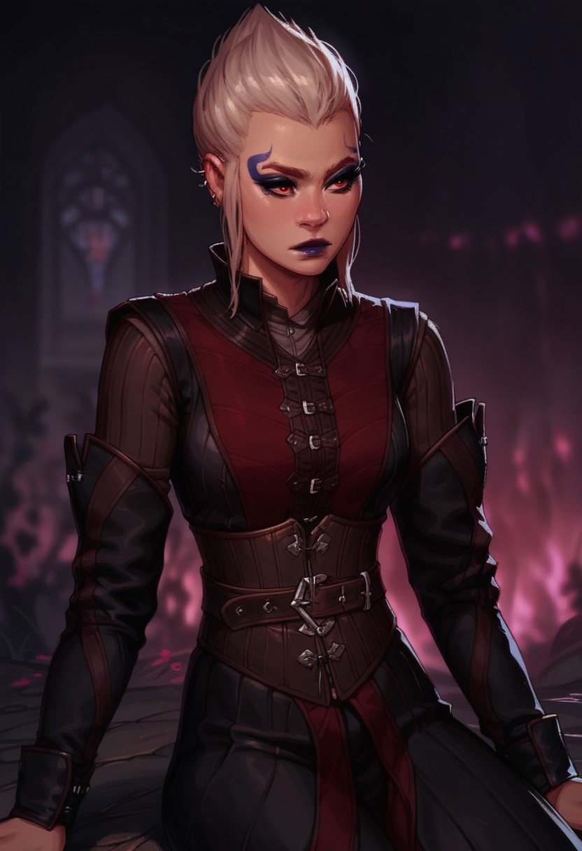 score_9, score_8_up,score_7_up, score_6_up, score_5_up, score_4_up,
BREAK, 1girl, bg3fem_warlock, pale skin, blue makeup, blue lipstick, red eyes, white hair, pointed hair,
BREAK, dark padded armor, reclining, marble gothic bench, marble gothic architecture, vibrant garden setting, fruit trees, bright daylight, diffused light, soft shadows, ground level shot, 
BREAK, aesthetic, wallpaper, high quality, concept art, realistic, dark theme, low light, full body shot,