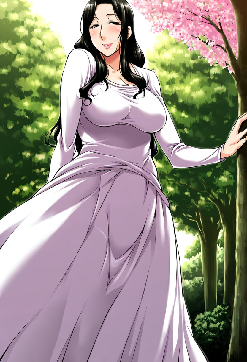 1girl, solo, solo focus, female focus, mature woman, medium breast, outdoor, pink flower, tree, black hair, long hair, white dress, tall woman, face, at park, from front, facing camera,  blush, smile, dark light, half closed eyes, <lora:Saiyazumi style v1.0:0.7> saiyazumi, body shot, dress, decoration, makeup, skirt <lora:Perfect Hands:1> perfect, hands, perfect hands