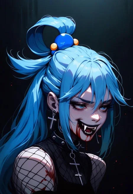 score_9, score_8_up, score_7_up, score_6_up, score_5_up, pastel paint, vampire girl, blue hair, ponytail, blue miniskirt, aqua from konosuba, vamp style, goth core, vamp goth, goth style, fishnets, fangs, dripping, blood, cross earrings, cross collar