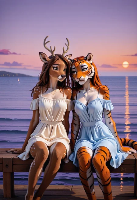 female furry with female furry, 2girls, duo, beachside sunset, sharing a moment of quiet connection, tiger furry and deer furry, sitting on a wooden pier with their legs dangling over the water, tiger furry with vibrant orange fur and bold black stripes, golden eyes reflecting the setting sun, wearing a light off-shoulder white top, looking down at the waves with a peaceful expression, deer furry with soft brown fur and delicate white spots, wearing a flowing pastel dress, leaning gently against the tiger furry’s shoulder, her large eyes half-closed, warm ocean breeze, deep orange and purple sky, soft waves crashing, semi-realistic, cinematic framing, immersive over-the-shoulder view.