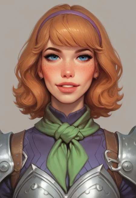score_9, score_8_up, score_8. score_9, score_8_up, score_7_up, score_6_up, masterpiece, 4k, high quality
1girl, 25 year old beautiful daphne ann blake(from scooby doo), sexy, fair skin, shiny skin, looking at viewer, green neckerchief, thick black lashes, blush, freckles, soft smile, dark brown hair,
(((full-clothed medieval armor))), ((long sword in hands, steel gun in hands))
BREAK
strange world background score_9, score_8_up, score_7_up, score_6_up, source_cartoon, rating_explicit, Expressiveh, ((portrait, close up)), dynamic pose