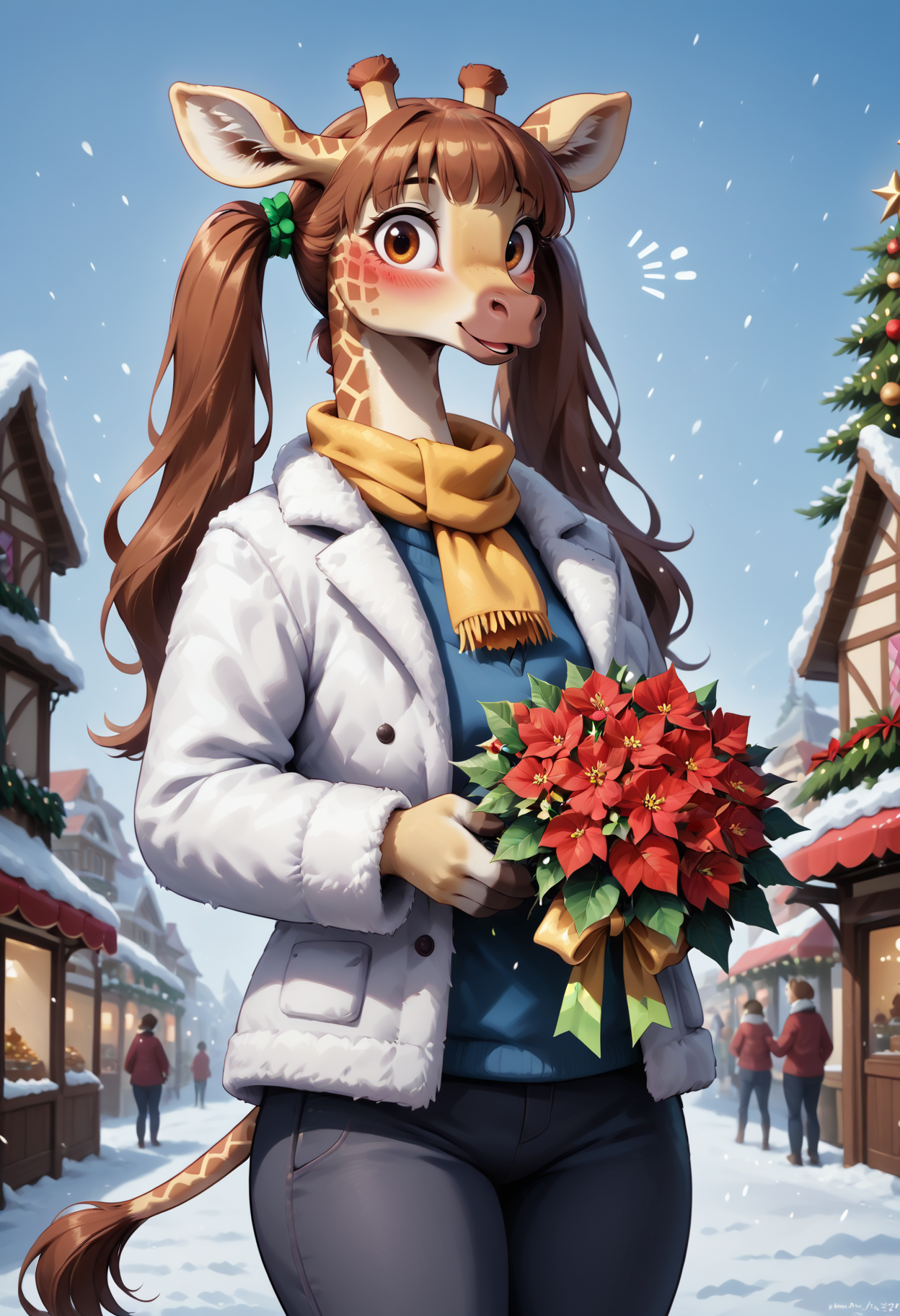 score_9, score_8_up, score_7_up, highly detailed, detailed background, solo, female, M4dd13G1r4ff3, anthro giraffe, winter coat and pants, yellow scarf, holding red flower bouquet, poinsettia, red and green ribbon, blushing, surprised, looking at viewer, smiling, from below, christmas tree, snowing, village market, <lora:MaddieGiraffe_V1.0:0.85> <lora:Poinsettia_Pony:0.5>