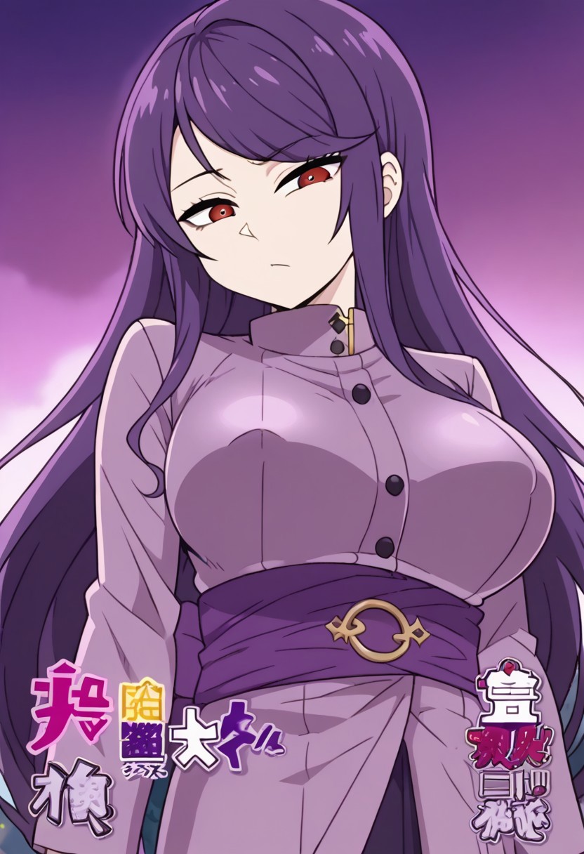 1girl, gundou mirei, red eyes, long hair, virtual youtuber, swept bangs, purple hair, parted bangs, <lora:pony_char_gundou_mirei-000030:1>  ,,,,,, anime coloring, anime screencap, 1girl,Solo ,, anime,PUFFY nipple,,,official art, Uncensored ,Unedited ,,,, , ,,,large breasts