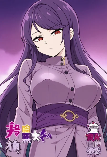 1girl, gundou mirei, red eyes, long hair, virtual youtuber, swept bangs, purple hair, parted bangs, <lora:pony_char_gundou_mirei-000030:1> ,,,,,, anime coloring, anime screencap, 1girl,Solo ,, anime,PUFFY nipple,,,official art, Uncensored ,Unedited ,,,, , ,,,large breasts