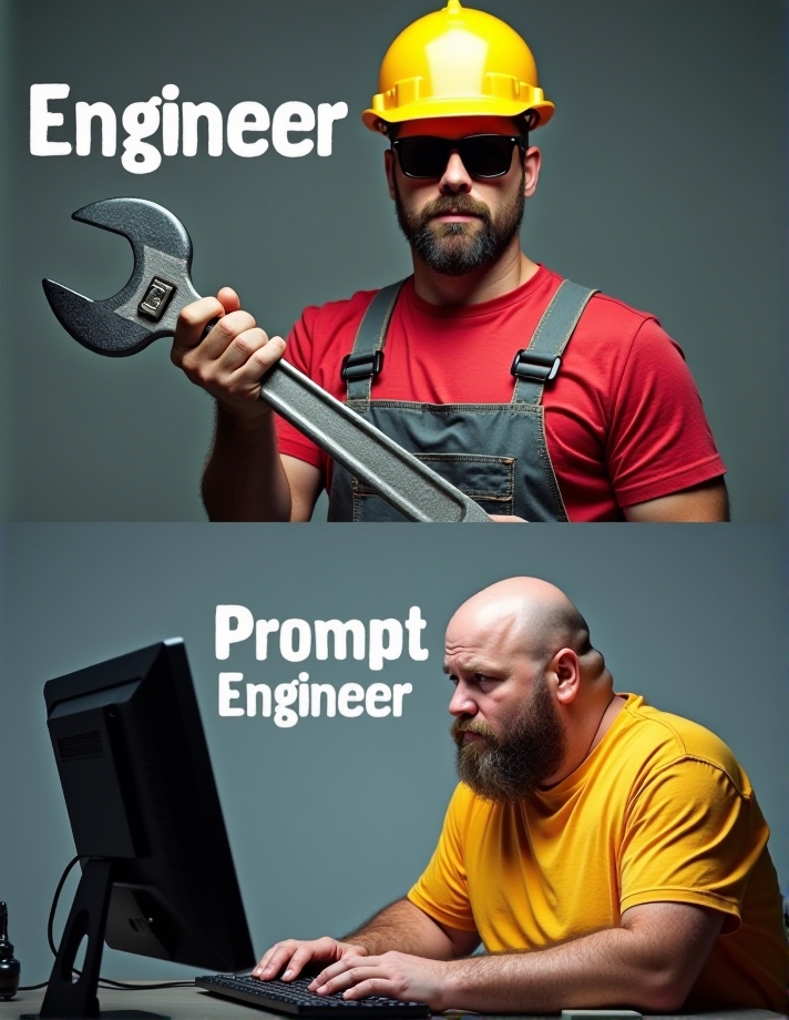 at the top half of image is man wearing red shirt, gray overalls, black sunglasses, oversized yellow safety helmet, holding huge wrench , above man at the top of image floating text "Engineer" written with big white letters , at the bottom half of image is an obese bald man wearing greasy yellow t-shirt, hunched over desk with pc screen on it, typing on keyboard , above him floating text "Prompt Engineer" written with big white letters